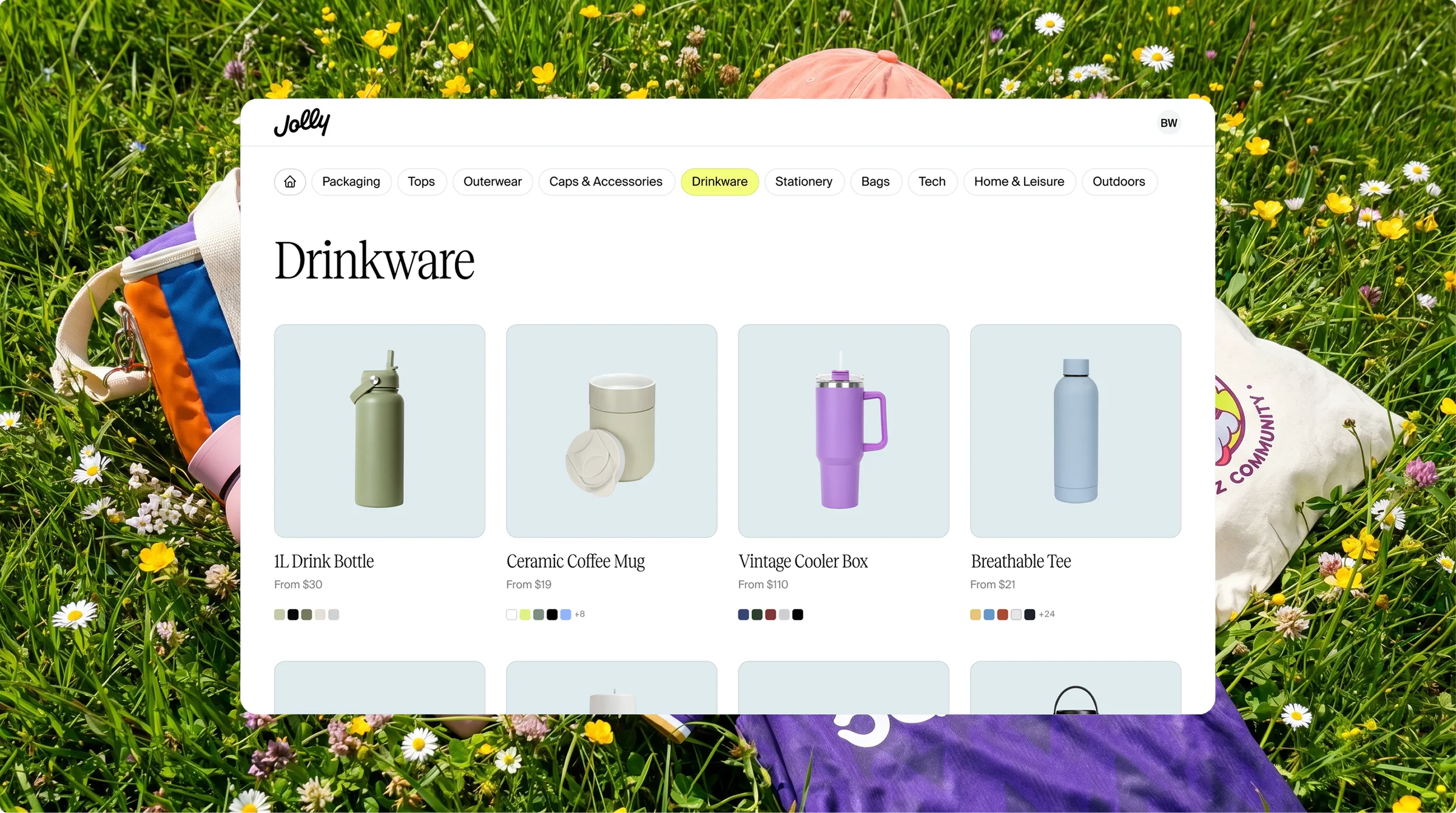 Jolly product catalog showing drinkware category