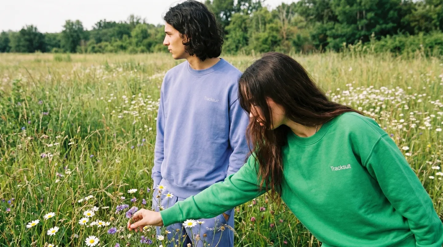 A man in a lilac sweatshirt and a woman in a green sweatshirt, both branded Tracksuit, in a wildflower field