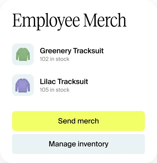 Employee Merch app screen listing Greenery and Lilac Tracksuit sweatshirts in stock