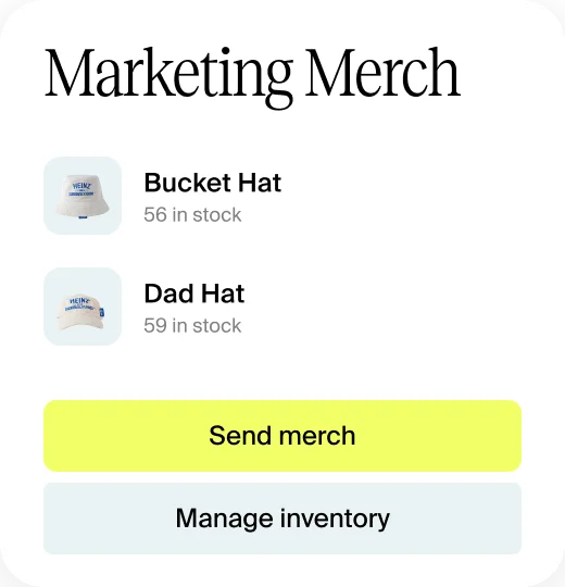 Marketing Merch app screen listing a Heinz bucket hat and dad hat in stock