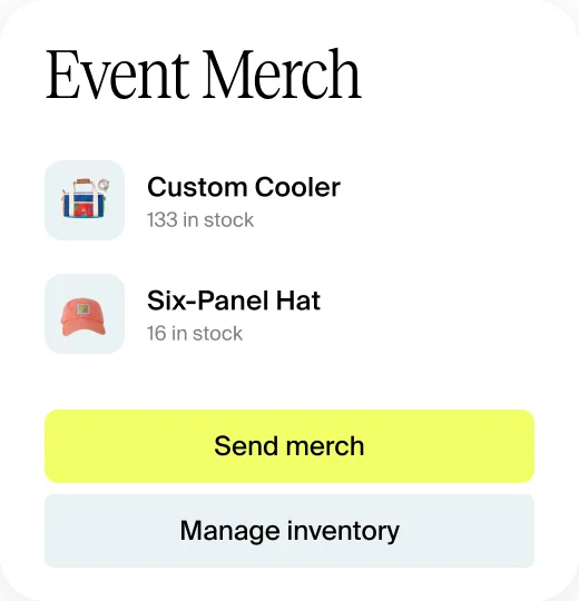 Event Merch app screen listing a custom cooler and six-panel hat in stock