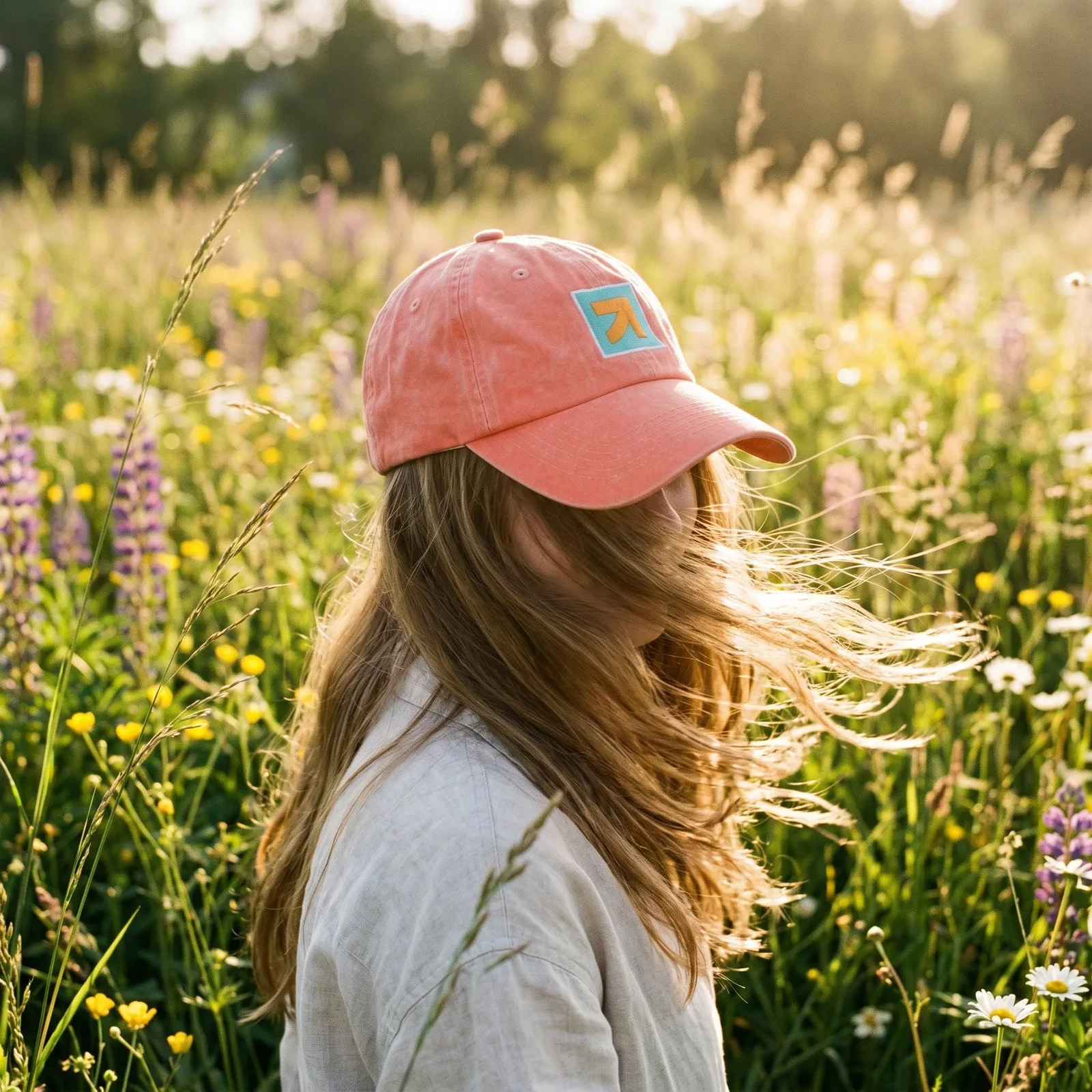 Person in a flower meadow wearing a branded baseball cap
