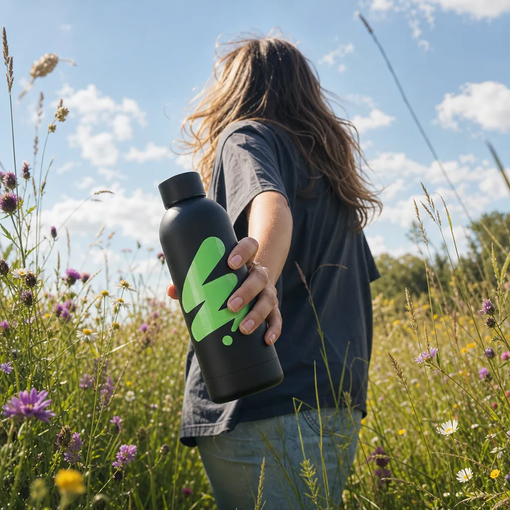 Person in a flower meadow holding a branded water bottle
