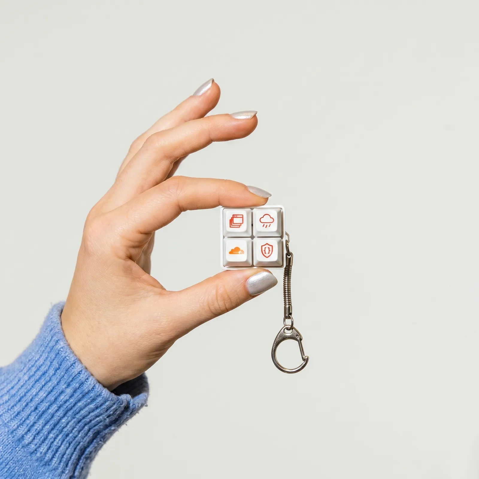 Hand holding a branded keycap keychain